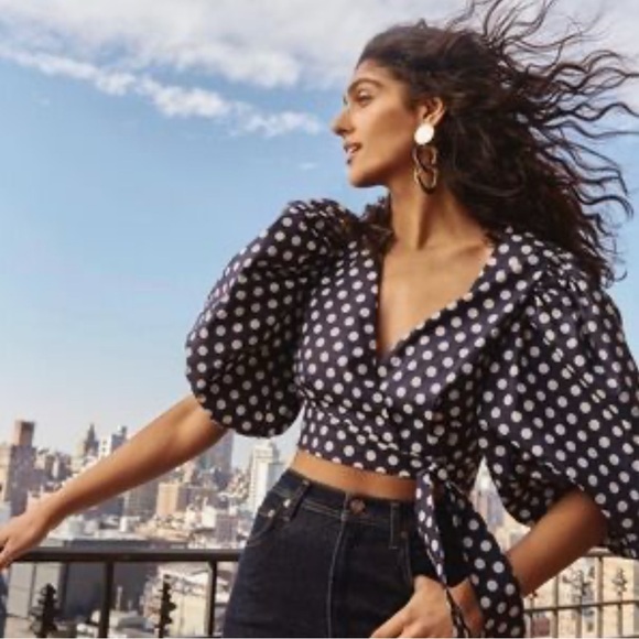Choosy Tops - Elegant Cropped Wrap Navy&White Polka Dot Blouse Puff Elbow Length Sleeves M NWT